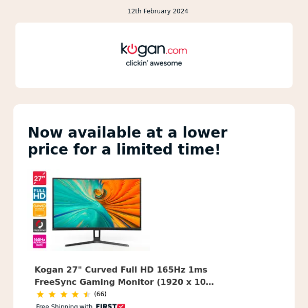 PRICE DROP: Kogan 27" Curved Full HD 165Hz 1ms FreeSync Gaming Monitor (1920 x 1080)
