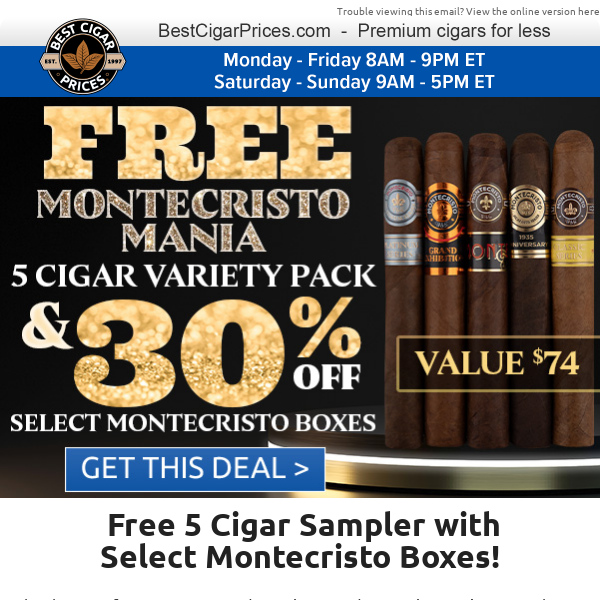 ⚜️ Free 5 Cigar Sampler with Select Montecristo Boxes ⚜️