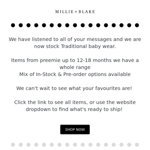 NEW Traditional Baby Clothing at Millie + Blake