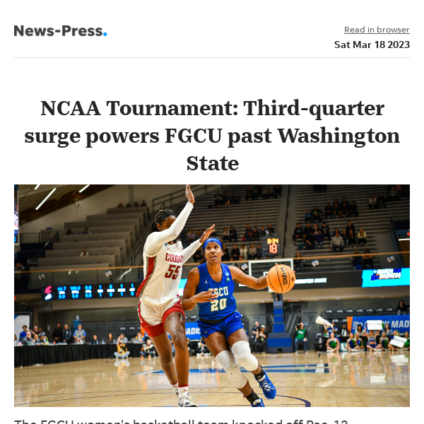 News alert: NCAA Tournament: Third-quarter surge powers FGCU past Washington State