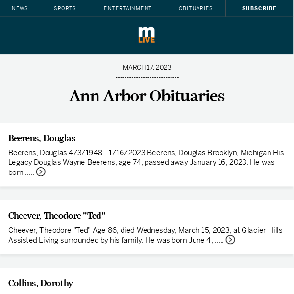 Today's Ann Arbor obituaries for March 17, 2023