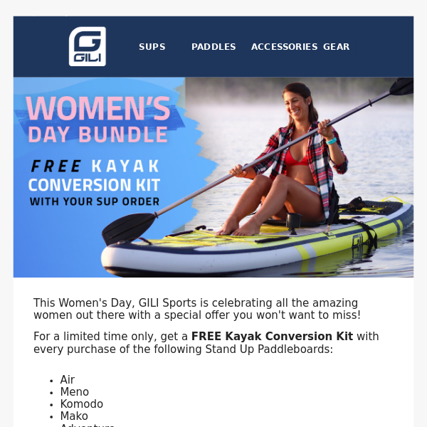 Celebrate Women's Day with Free Kayak Conversion Kit - GILI Sports