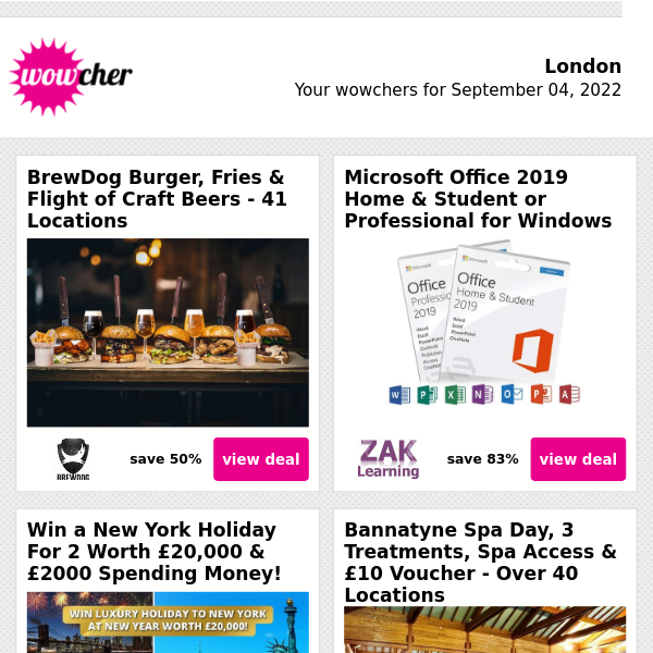 BrewDog Burger & Flight of Beers £15 | Microsoft Office Home & Student 2019 £24.99  | Win A Luxury New York NYE Holiday! | Bannatyne Spa & Treatments £42.50 | Amsterdam Christmas Market & Flights