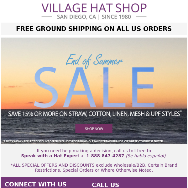 End of Summer Sale -- Save 15% or More on Straw, Cotton, Linen, Mesh & UPF Styles | FREE USA Ground Shipping