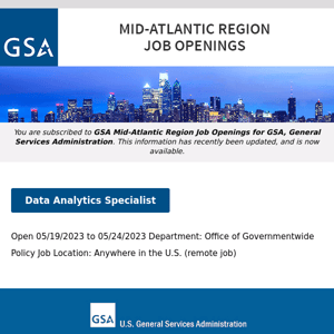 New/Current Job Opportunities in the GSA Mid-Atlantic Region