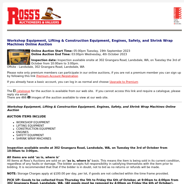 Ross's > Workshop Equipment, Lifting & Construction Equipment, Engines, Safety, and Shrink Wrap Machines Online Auction 04/10/23