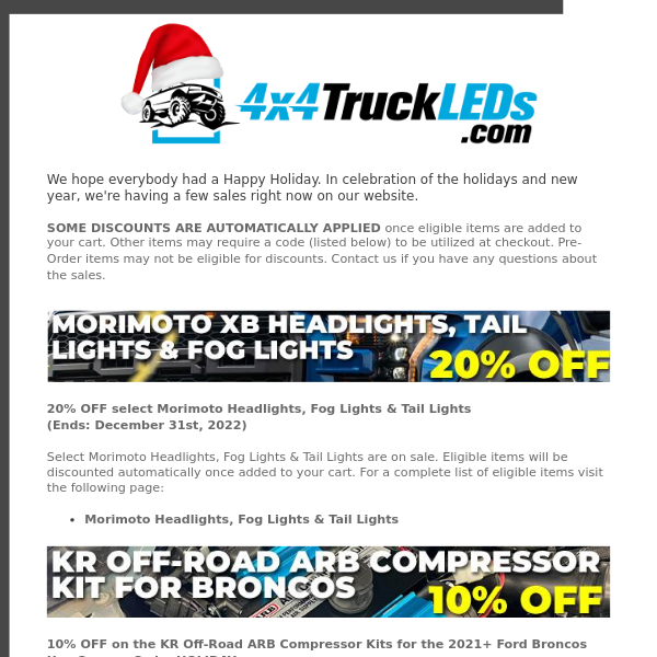 Holiday Savings at 4x4TruckLEDs.com - Save 20% on Morimoto / 15% on Diode Dynamics & More!