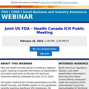 Join us TOMORROW - SBIA Webinar | Joint US FDA – Health Canada ICH Public Meeting