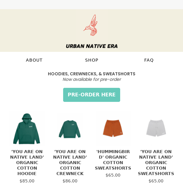 'You Are On Native Land' hoodie, crewneck, and sweatshorts.