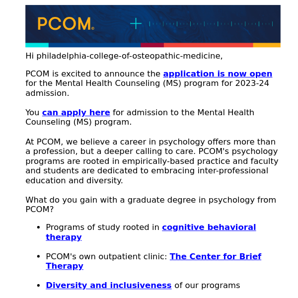 PCOM Mental Health Counseling (MS) program application is now open!