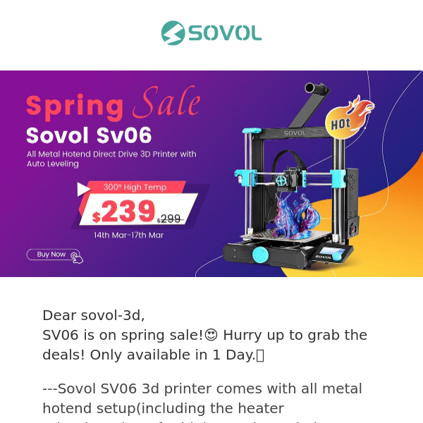 Save $60 for Sovol SV06 on Spring Sale!🍀1 DAY left Only!