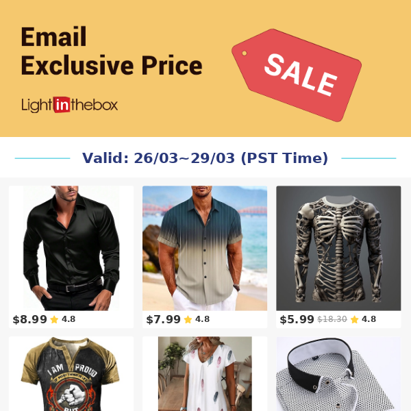 Email Exclusive-Get Men's Button Up Shirts at USD $8.99