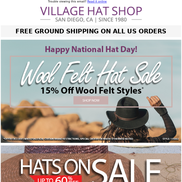Happy National Hat Day! Extended 15% Off Wool Felt Styles | FREE Ground Shipping on ALL US Orders