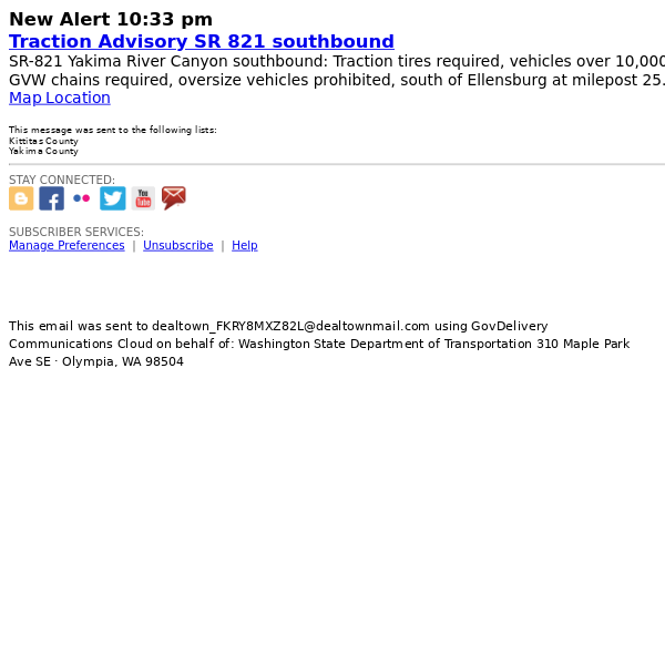 WSDOT Alert: Traction Advisory SR 821 southbound from milepost 25.0 to milepost 3.0