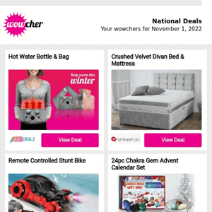 Hot Water Bottle & Bag | Crushed Velvet Divan Bed & Mattress | Remote Controlled Stunt Bike | 24pc Chakra Gem Advent Calendar Set | 4 Hotel Stripe Pillows