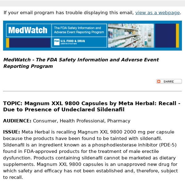 FDA MedWatch - Magnum XXL 9800 Capsules by Meta Herbal: Recall - US FDA