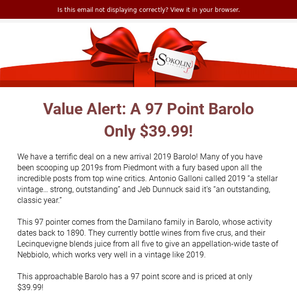 Value Alert: "Seamless and Harmonious" 97 Point 2019 Barolo - Only 39.99 usd