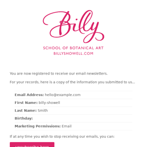 Billy Showell School of Botanical Art - Email Newsletter Registration Confirmed