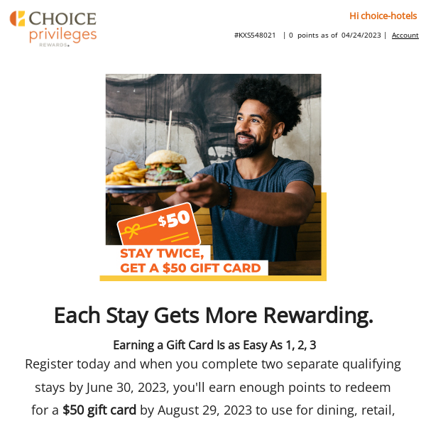 Reminder: Stay Twice To Earn Your $50 Gift Card!