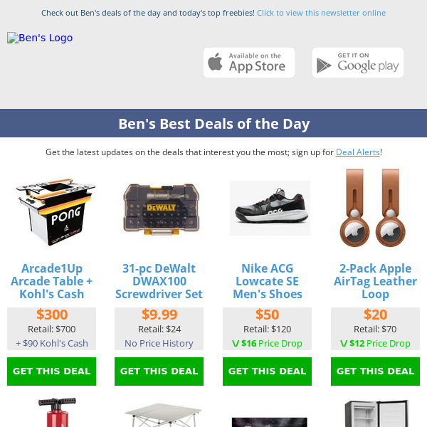 Ben's Best Deals: DeWALT 4-Tool Combo Giveaway - $23 Coleman Table - $198 Frigidaire Freezer (6.5 cu.ft) - $60 Philips Shaver