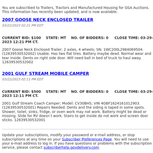 GSA Auctions Trailers, Tractors and Manufactured Housing Update