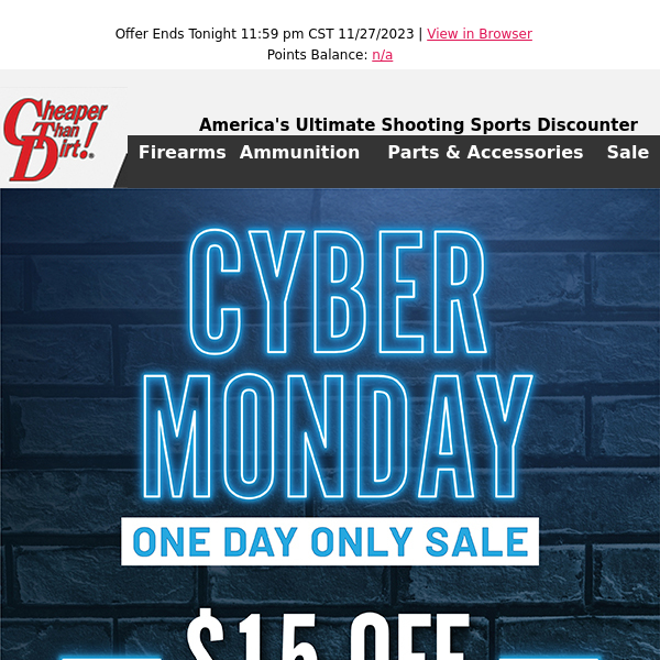 $15 Off Your Order, $259 Pistol, Bulk Ammo Deals this Cyber Monday