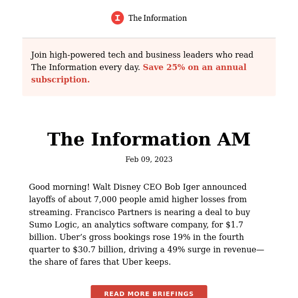 The Information AM - Iger Announces Layoffs as Disney Grapples With Streaming Losses