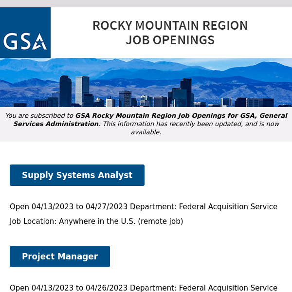 New/Current Job Opportunities in the GSA Rocky Mountain Region