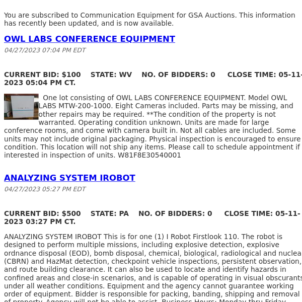 GSA Auctions Communication Equipment Update