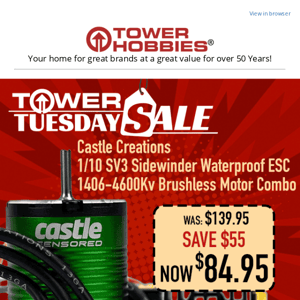 Tower Tuesday: Save $55 on Castle Creations SV3 Sidewinder Waterproof ESC 1406-4600Kv Brushless Motor Combo