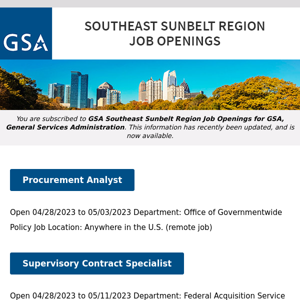 New/Current Job Opportunities in the GSA Southeast Sunbelt Region