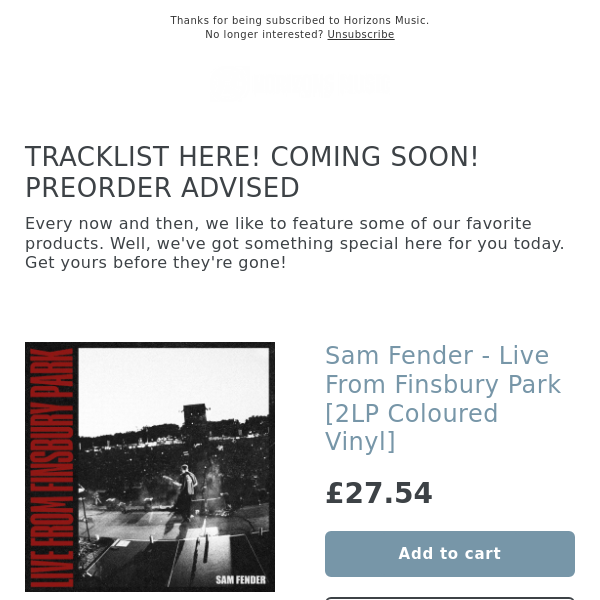 UPDATED! Sam Fender - Live From Finsbury Park [2LP Coloured Vinyl]