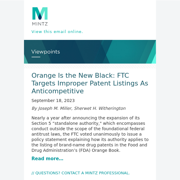 Orange Is the New Black: FTC Targets Improper Patent Listings As Anticompetitive