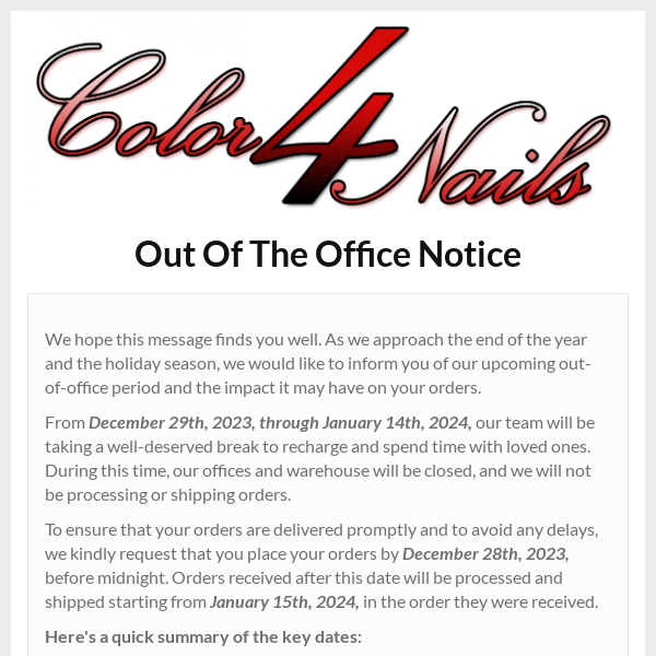 Color4nails - Out of the Office From 12/29 - 1/14