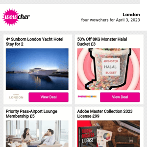 4* Sunborn London Yacht Hotel Stay for 2 | 50% Off 8KG Monster Halal Bucket £3 | Priority Pass-Airport Lounge Membership £5 | Adobe Master Collection 2023 License £99 | 50% Off Voucher-20-Item Mystery Box £3