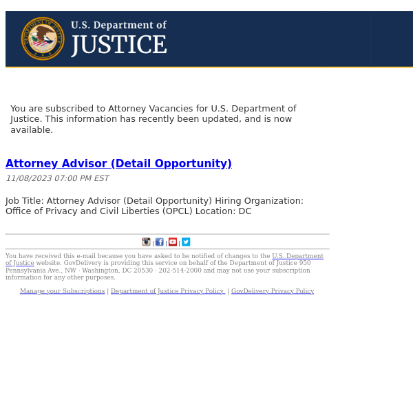 U.S. Department of Justice Attorney Vacancies Update