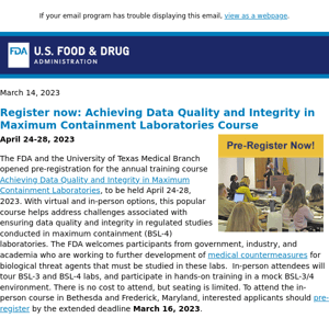 Register now: Achieving Data Quality and Integrity in Maximum Containment Laboratories Course | NCTR Advisory Board Meeting