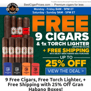 😮 9 Free Cigars, Free Torch Lighter, + Free Shipping with 25% Off Gran Habano Boxes 😮