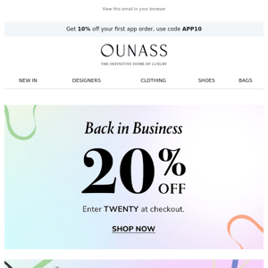 Back in Business: 20% Off