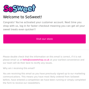 Welcome to your SoSweet Account!