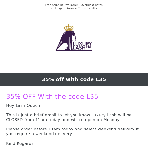 35% OFF With the code L35 - Please order by 11am