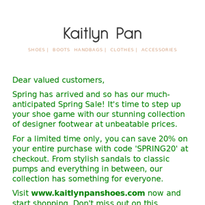 Spring into Savings with Kaitlyn Pan Shoes - Get 20% off!
