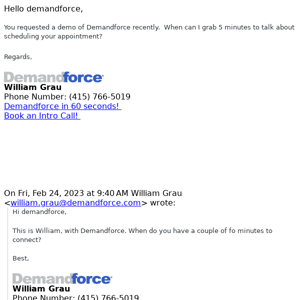 Re: Your Demandforce Scheduled Call