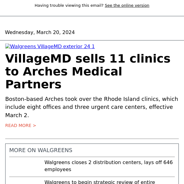 VillageMD sells 11 clinics to Arches Medical Partners