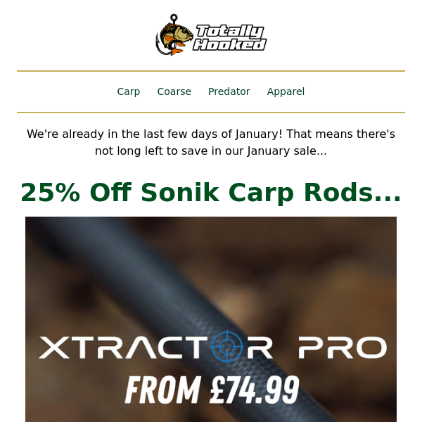 25% Off Sonik Carp Rods and 30% Off Selected Clothing Lines