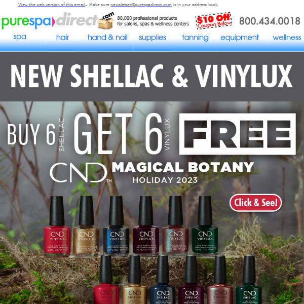Pure Spa Direct! New CND Magical Botany Collection - Buy 6 Shellac & Get 6 Vinylux Free! + $10 OFF $100 or more of any of our 80,000+ products!