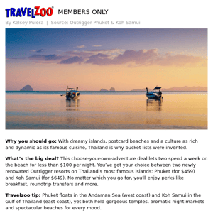 Thailand 7-night island getaway, $459 for 2