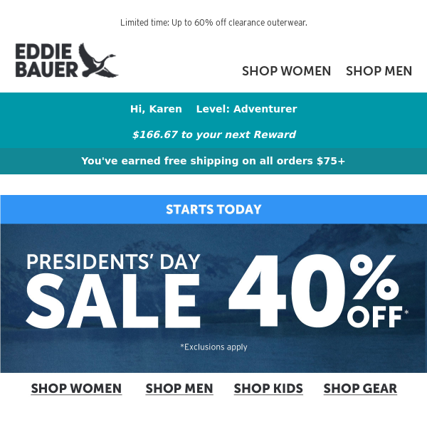 STARTS TODAY! Presidents' Day Sale - 40% Off. Exclusions Apply