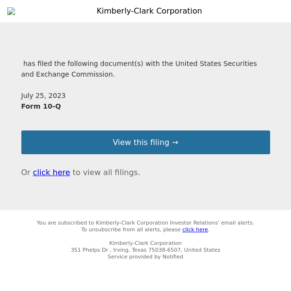 New Form 10-Q for Kimberly-Clark Corporation