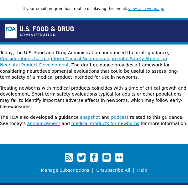 FDA issues draft guidance on long-term safety studies in medical products for newborns 